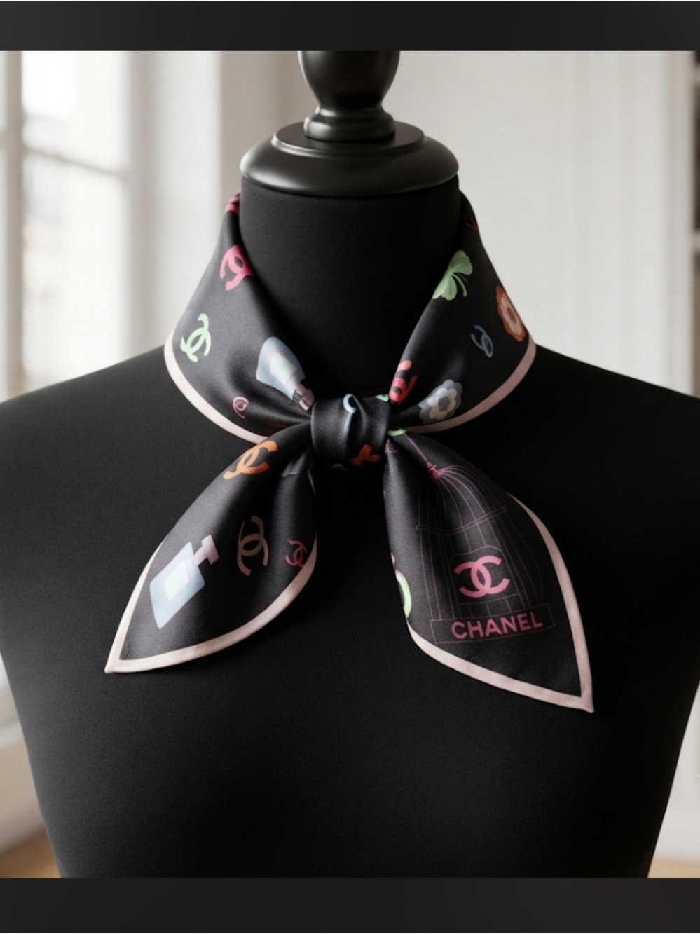 Black Silk Logo & Motif Neck Scarf with Pastel Trim
